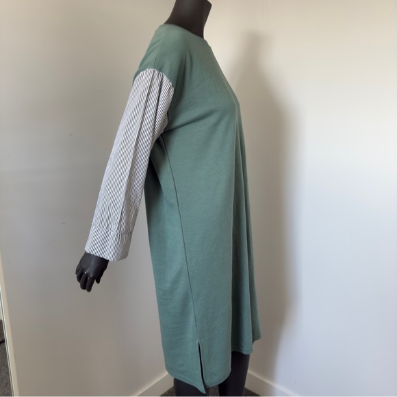 ⚪️ Nothing Better Green Shift Dress with Striped Button Cuffs Made in Korea | L - Picture 5 of 6
